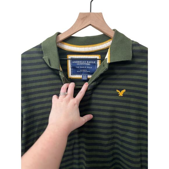 American Eagle Mens The Eagle Polo Shirt Navy and Green Striped Size Medium - Picture 3 of 5